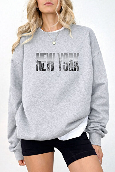 Pink Sky Unisex Oversize Βαμβακερό Φούτερ με Στάμπα1 NEW YORK
