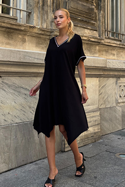 Trend Alaçatı Stili Rochie neagră pentru femei, cu decolteu în V, cu mâneci s...