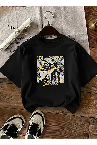 caddekombin تي شيرت نسائي بطبعة رخامية تجريدية مطبوع أسود