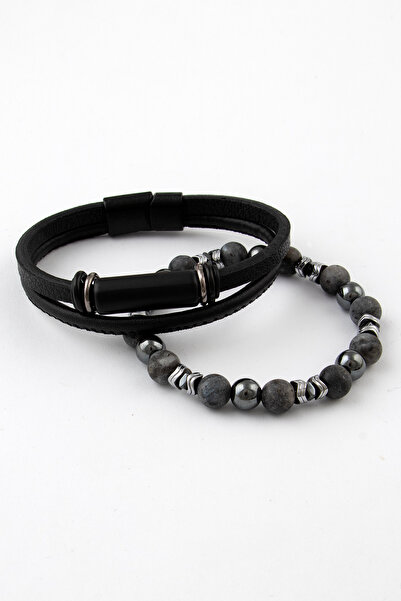 Sortie Aksesuar Genuine Leather and Natural Stone Gift Men's Bracelet Combina...