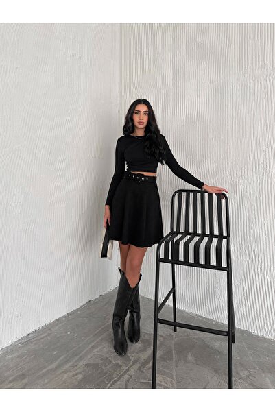 OZIVA تنورة نسائية من جلد الغزال بطول ميدي مع جيوب مريحة من الليكرا