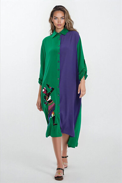 Trend Alaçatı Stili Kadın Yeşil Gömlek Yaka Yırtmaç Detaylı Büyük Beden Gömle...