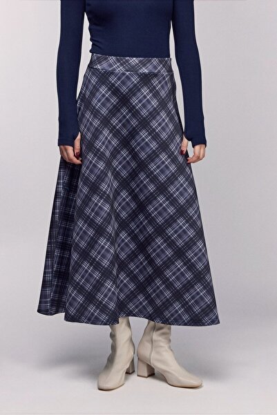 Saade Anthracite Plaid Patterned High Waist Flared Scuba Skirt