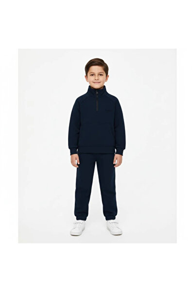 kidstalya Navy Blue Mock Neck Half-Zip Children's Set