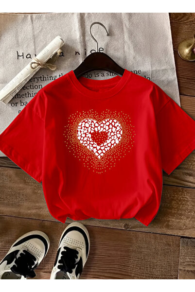 caddekombin Women's Modern Leopard Heart Design Red T-Shirt