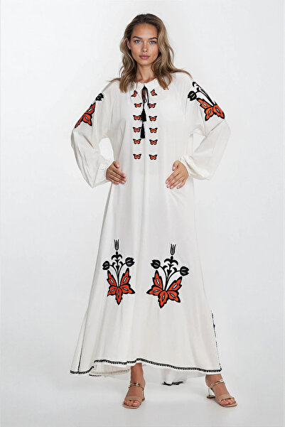 Trend Alaçatı Stili Rochie de damă albă cu mâneci elastice cu guler de judecă...