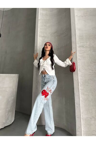 SİNGBADA Kiraz Nakışlı Wide Leg Jean