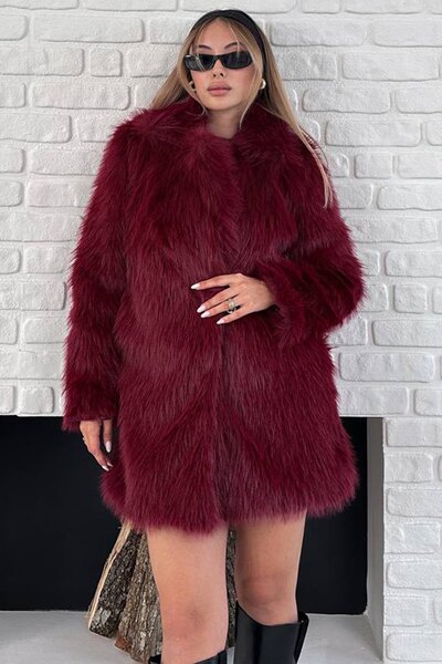 Trend Alaçatı Stili Women's Burgundy Long Furry Soft Textured Stylish Plush C...