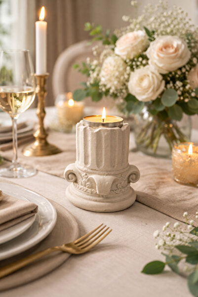 Homesinti El Yapımı Taş Mumluk | Klasik Sütun Tasarım Dekoratif Tealight Muml...