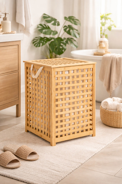 BEYZANA Ahşap Bambu Kirli Çamaşır Sepeti 58*40 cm Doğal Sepet Düzenleyici Banyo