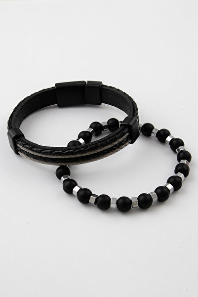 Sortie Aksesuar Genuine Leather and Natural Stone Gift Men's Bracelet Combina...