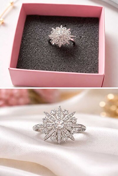 GN ACCESSORY Ayarlana Bilir Gümüş Renk Çelik Dönen Kar Tanesi Yüzük, Sevgiliy...