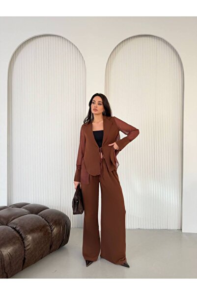 LOCH BUTİK Women's Back and Sleeves Chiffon Detailed Brown Jacket Set
