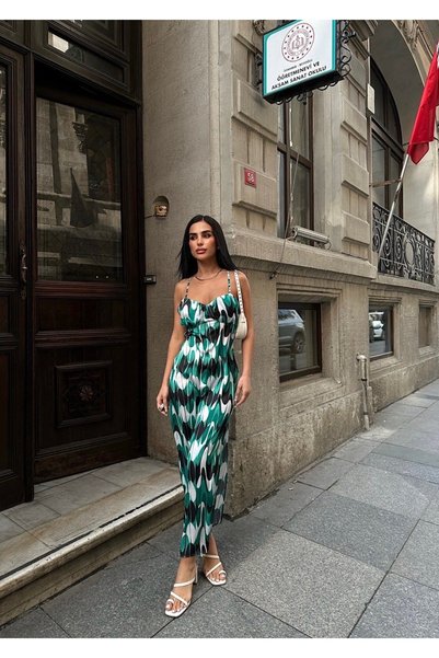 OEM ROCHIE FAUSTINE, verde, satin, bretele subtiri, lungime midi