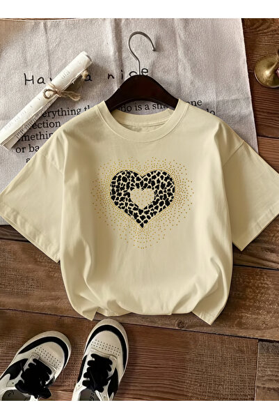 caddekombin Women's Modern Leopard Heart Design Beige T-Shirt