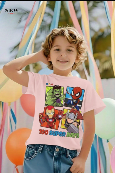 New Shine تي شيرت للأطفال مطبوع عليه 100 سوبر دايز للجنسين