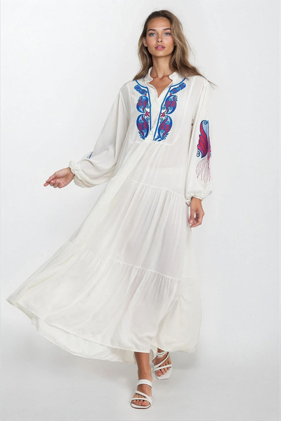 Trend Alaçatı Stili فستان فيسكوز أبيض نصف زر للنساء مقاس كبير Vs00328