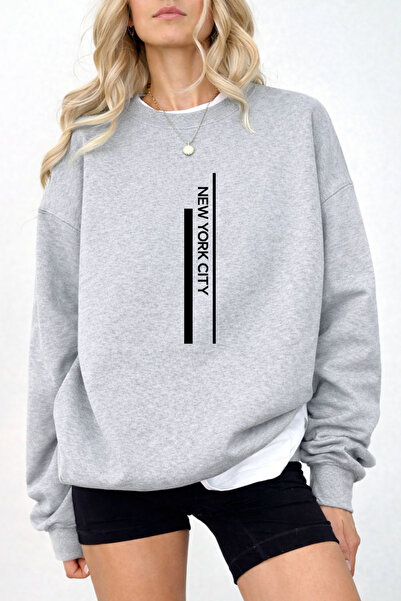 Pink Sky Unisex Oversize Βαμβακερό Φούτερ με Στάμπα1 NEW YORK