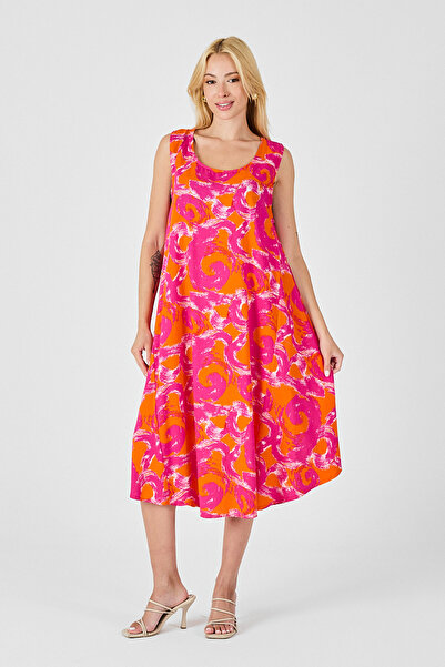 Trend Alaçatı Stili Women's Orange U-Neck Sleeveless Asymmetrical Cut Midi Le...