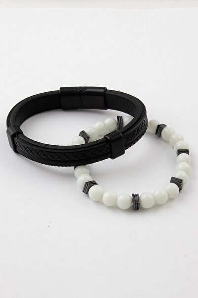 Sortie Aksesuar Genuine Leather and Natural Stone Gift Men's Bracelet Combina...