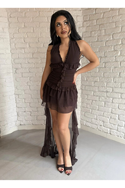 moneta boutique Women's Romantic Ruffled Asymmetrical Cut Dress