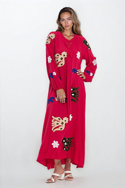 Trend Alaçatı Stili Women's Fuchsia Judge Collar Lace-Up Sleeves Elastic Patt...