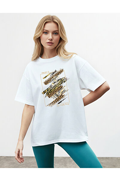 caddekombin Women's Gold and Zebra Patterned Enjoy It Written White T-Shirt