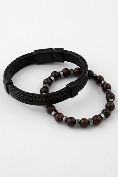 Sortie Aksesuar Genuine Leather and Natural Stone Gift Men's Bracelet Combina...