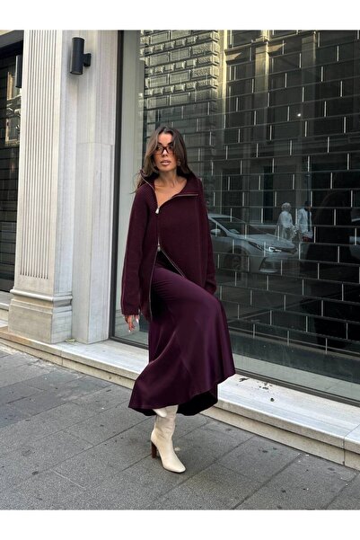 Modamistik Butik سترة تريكو باللون الأحمر الداكن مع تفاصيل سحّاب