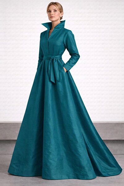 SERAVENZA COUTURE Seyyar Kuşaklı & Cep Detaylı Maxi Boy Tafta Şık Gömlek Elbi...