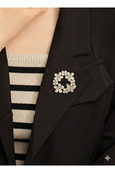 AGAPI İnci Görünümlü Taşlı Çiçek ve Kelebek Figürlü Kadın Broş – Ceket & Şal ...