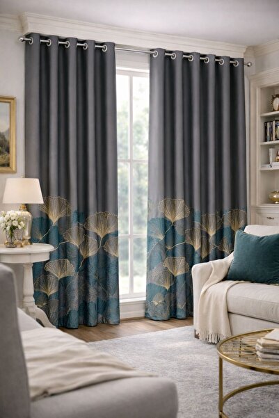 proevteks Yaprak Desenli Kuşgözlü Fon Perde | Rustik Halkalı Perde | Modern T...