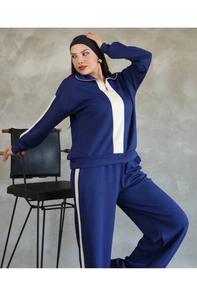 İLGEN FASHİON Paneled Striped Detail Zippered Modal Fabric Tracksuit Two-Piec...