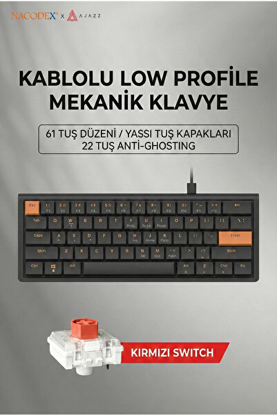 Ajazz Nacodex NKL61- Low Profil Switch Kablolu Mekanik Oyun Klavyesi- IŞIKSIZ