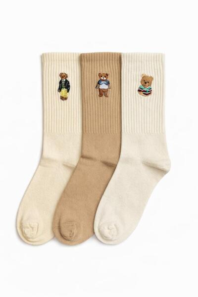 OUS 3'lü Kadın Ayıcık Nakışlı Rib Dokulu Günlük Soket Çorap