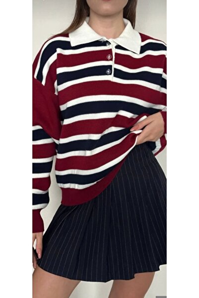 Esperar Stripe Detailed Button Collar Knitwear Sweater