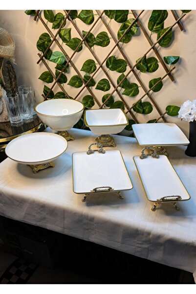 SEÇKİNEV Pera Koleksiyonu 6 Parça Porselen Gold Döküm Ayaklı Sunum Tabağı Set