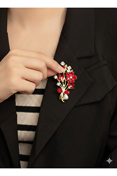 AGAPI Altın Renk Kırmızı Kristal Taşlı ve İnci Detaylı Çiçek Buketi Broş – Ka...