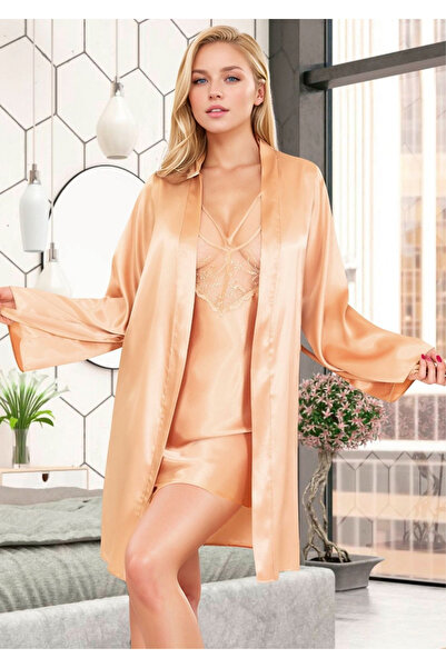 QKK Lace Satin Nightgown and Robe Set - Lattice Collar Gold Set of 2