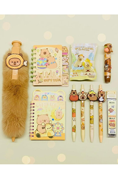 ÖZ OFİS Kapibara Set 30cm Tüylü Tükenmez Kalem - Not & Sticker Defter - 0.7 U...