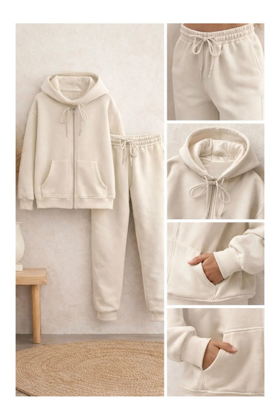 kidstalya Fleece-Lined Hooded Children's Jacket Set - Cream