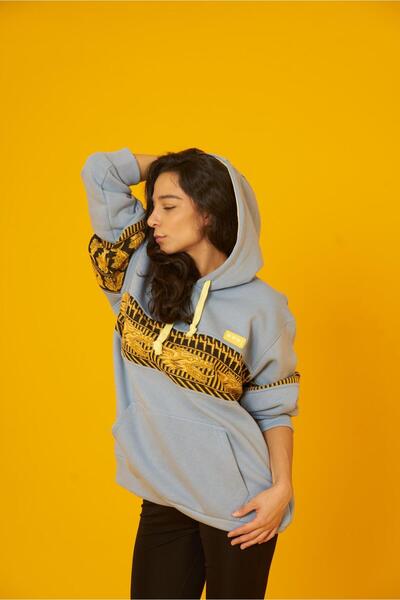 Nani Collection Nani | Mavi Renk, Jakarlı Ejderha Desenli Oversize Unisex Sweatshirt