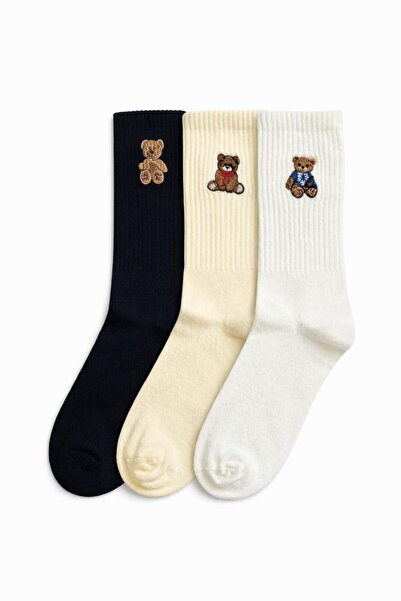 OUS Unisex 3’lü Ayıcık Nakışlı Çorap Seti – Siyah, Krem ve Beyaz, Günlük Kull...