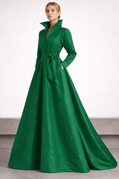 SERAVENZA COUTURE Mobile Belted & Pocket Detailed Maxi Length Taffeta Stylish...
