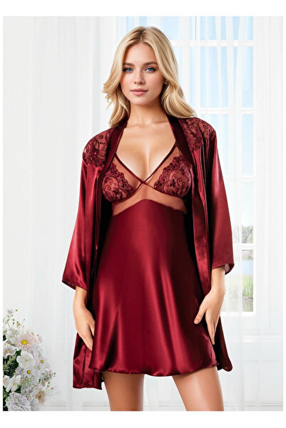 QKK Lace Trim Burgundy Satin Nightgown and Robe Set - Set of 2 with Embroider...