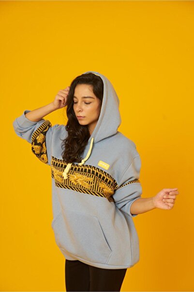 Nani | Mavi Renk, Jakarlı Ejderha Desenli Oversize Unisex Sweatshirt