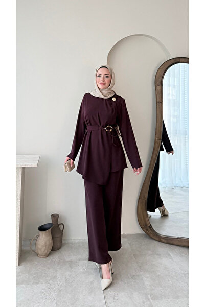 Molly Nelly Kadın Gold Kemerli ve Düğmeli Yandan Kapamalı Takım