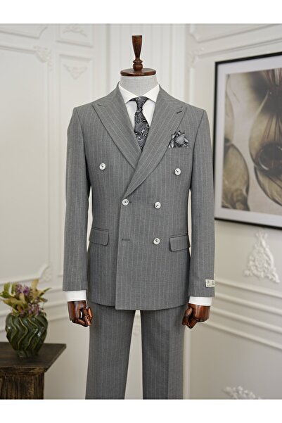 LONATOLİA Premium Men's Slim Fit Italian Style Striped Double Breasted Suit -...