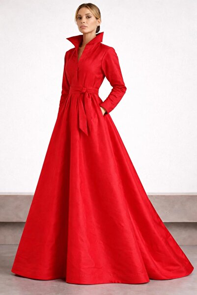 SERAVENZA COUTURE Mobile Belted & Pocket Detailed Maxi Length Taffeta Stylish...
