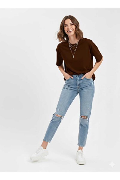 kikiriktekstil Women's Brown Crew Neck Basic Oversized T-Shirt